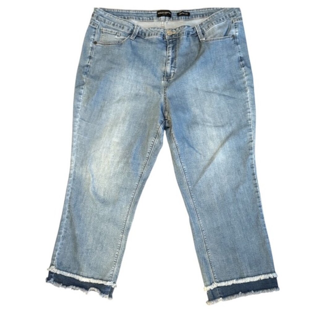 Susan Graver Crop Jeans Women’s 22P Light Wash Straight Leg Frayed Hem Plus EUC